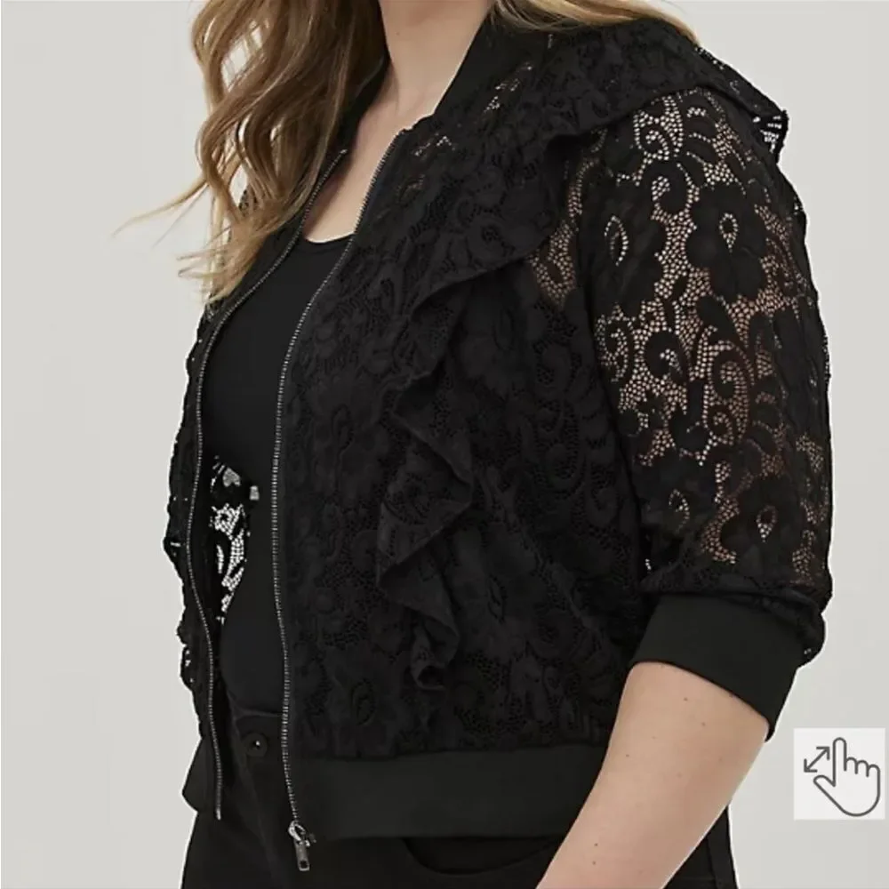 NWT Torrid Black Lace Ruffle Crop Bomber jacket - Picture 2 of 15
